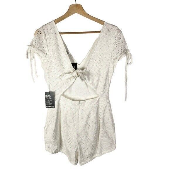 Express White Eyelet Lace Tie Short Sleeve Romper 4 - Picture 3 of 5